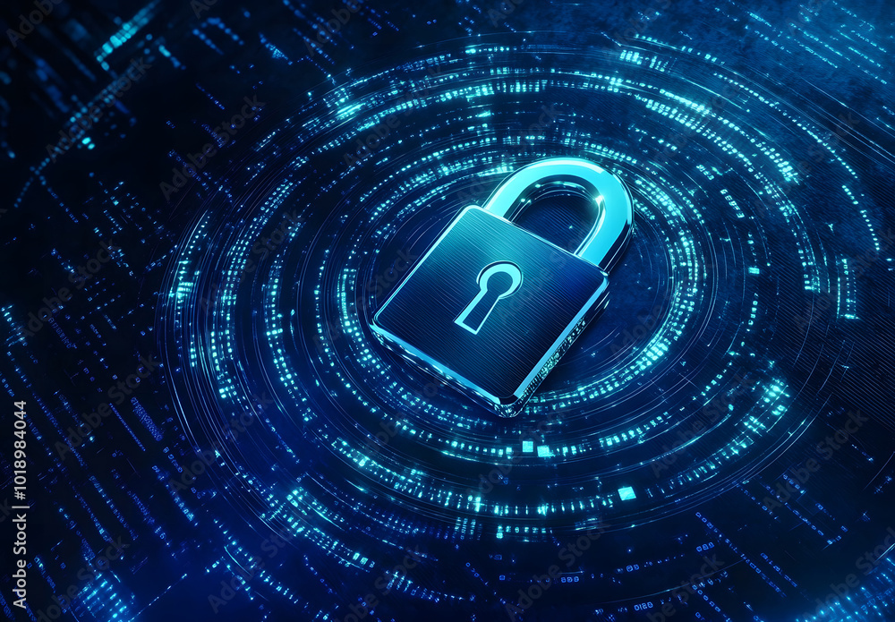Poster blue digital background with a padlock symbol and binary code for a security concept vector illustra