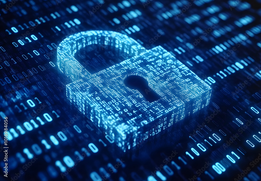 Poster blue digital background with a padlock symbol and binary code for a security concept vector illustra