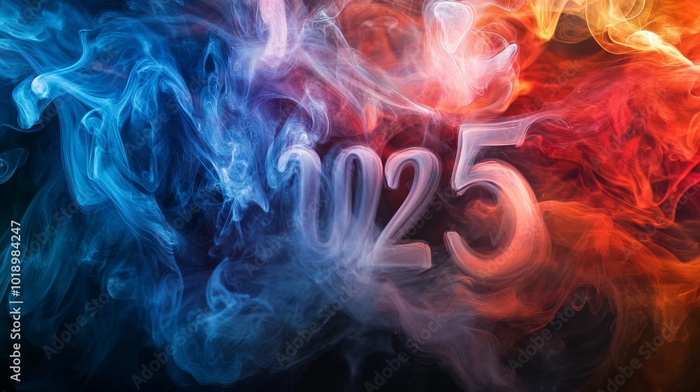 Poster a vibrant display of colorful smoke with the number 025 at its center, creating a dynamic and artist