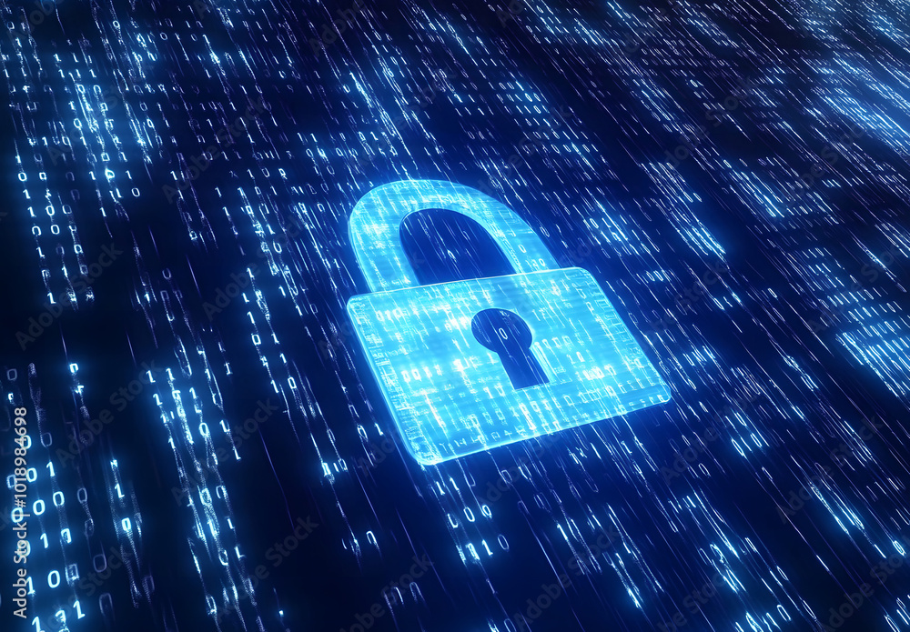 Poster blue digital background with a padlock symbol and binary code for a security concept vector illustra
