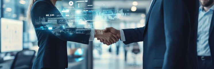 Businessmen shaking hands in an office with digital graphs and business growth icons floating around them, symbolizing success through technology integration Generative AI