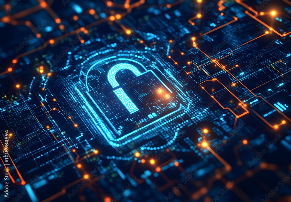 Poster blue digital background with a padlock symbol and binary code for a security concept vector illustra