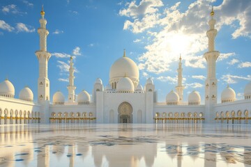 Fototapeta premium Grand White Mosque with Majestic Domes Under a Clear Blue Sky at Sunset