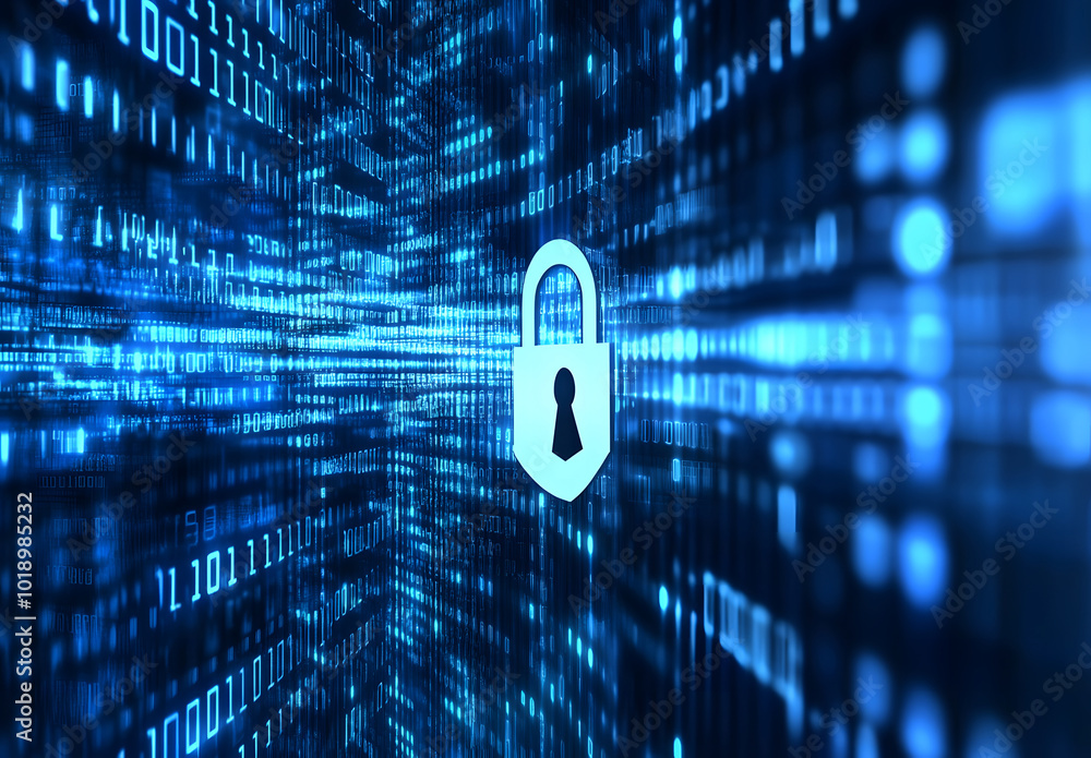 Poster blue digital background with a padlock symbol and binary code for a security concept vector illustra