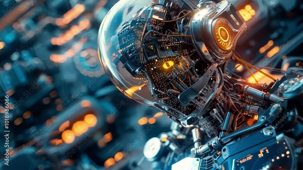 Aufkleber futuristic robot with glowing eyes is standing in a server room, surrounded by complex machinery and