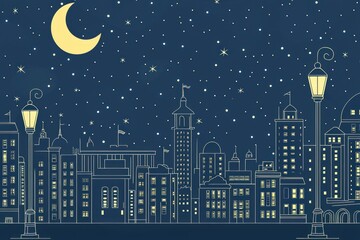 Night cityscape in line art with a moon, stars, and street lamps.