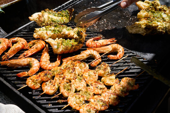 BBQ shrimp and crayfish on barbecue on Christmas Day in Australia