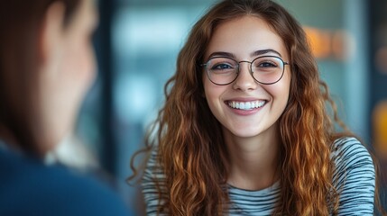 professional female manager conducting a job interview in an office setting, smiling while discussing employment opportunities with a candidate during the recruitment process