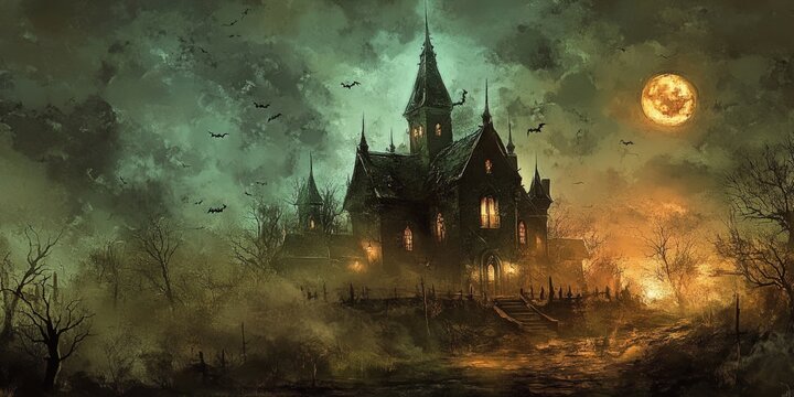 A spooky haunted house with a full moon and bats flying in the night sky.