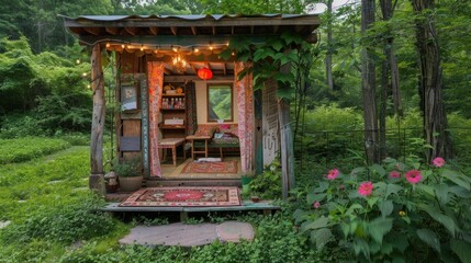 Eco-friendly playhouse with bohemian decor in a lush forest setting.