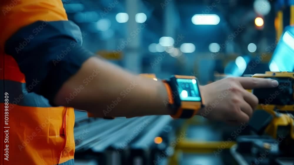 Poster engineer wearing a smartwatch is controlling a robotic arm in a modern factory setting, showcasing t