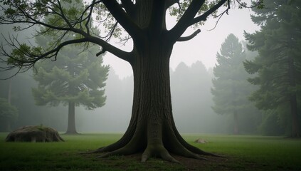 Enchanted woodland with misty ambiance