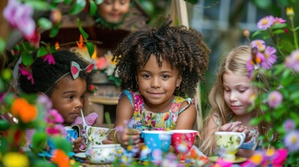 Diverse children having a tea party in a garden surrounded by flowers.