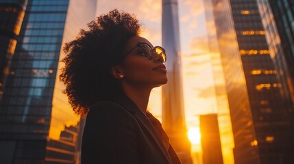 happy successful Black businesswoman standing in an urban city street at sunset with skyscrapers, dreaming of new investment opportunities and focusing on her successful business vision