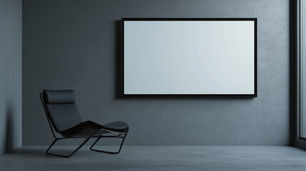 High-Resolution Digital Screen on Concrete Wall with Modern Lounge Chair in Minimalist Setting