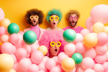 This joyful quartet, dressed in bright and whimsical outfits, bursts with creativity as they express themselves amidst a sea of colorful balloons, celebrating imagination and fun