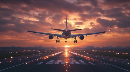 airplane taking off at sunrise or sunset from the runway, landing gear down, viewed from behind as the jetliner prepares for its flight, capturing the moment of departure