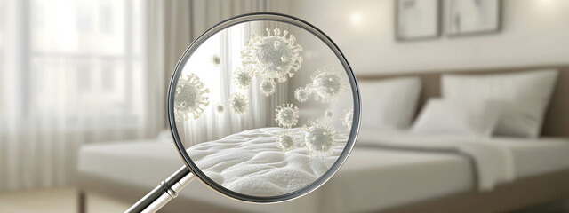 The magnifying glass shows bacteria on the bed. There's bacteria in the bed. The concept of bacteria multiplying in a bed.