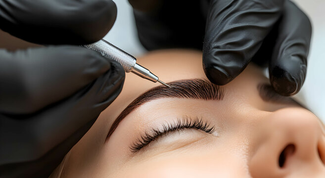 Permanent eyebrow makeup. Master in gloves applying paint with a needle on the eyebrows of a girl. Eyebrow tattoo concept.