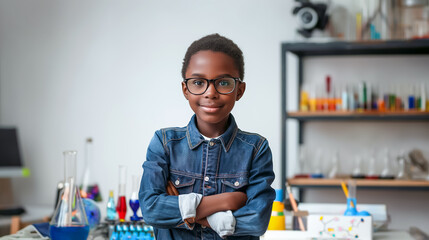 A young African boy exudes confidence in a lively laboratory filled with colorful scientific equipment. His arms are crossed, showcasing a mix of excitement and curiosity about science