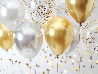 Gold, silver, and white balloons with golden confetti on a white backdrop, celebrating a joyous birthday party in a sleek and elegant design.