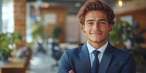 young businessman confidently standing in a modern office, smiling at the camera, representing a stylish and elegant CEO, leading with professionalism and corporate success