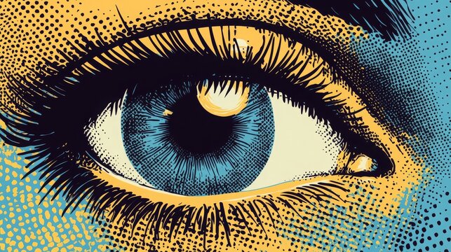Halftone-style detailed human eye illustration.