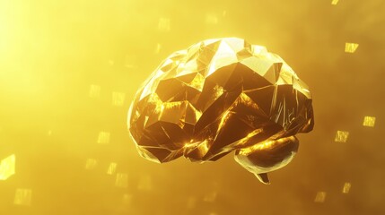 Fototapeta premium Low poly golden brain glowing against a bright gold background. -