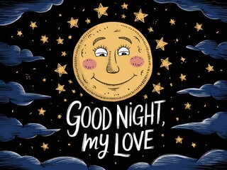 Smiling moon against the night sky and stars with the inscription Good night my love.