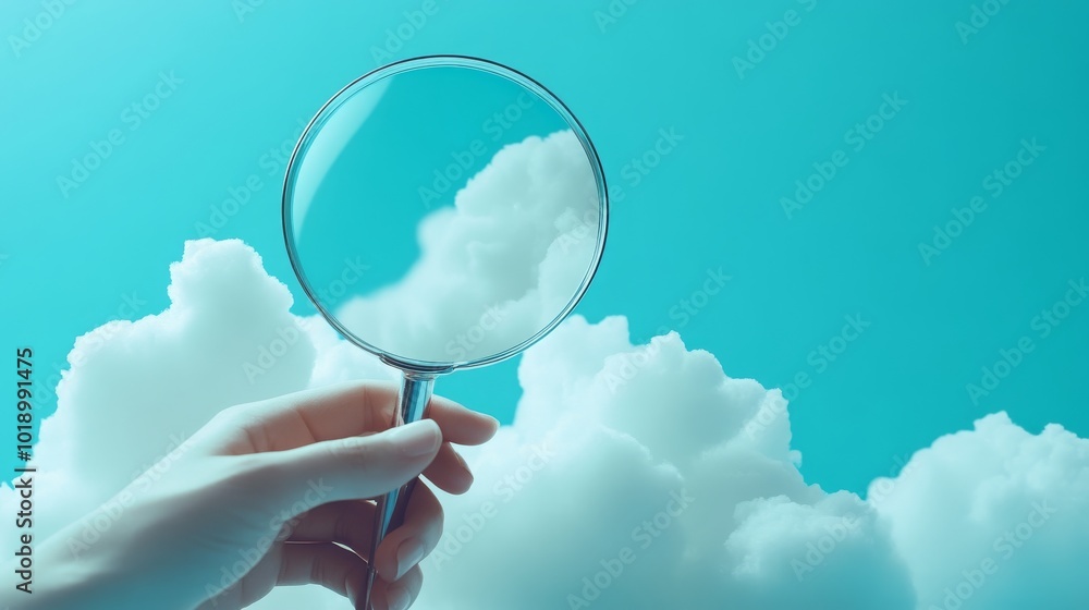 Poster magnifying glass inspecting cloud storage, wireframe data analysis concept. --