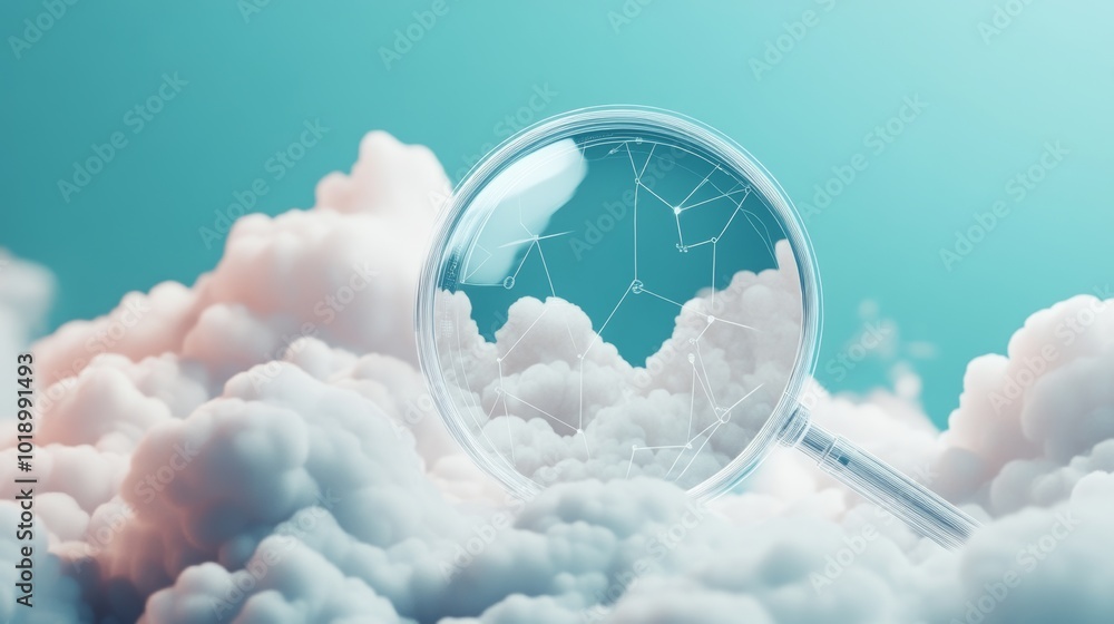 Poster magnifying glass inspecting cloud storage, wireframe data analysis concept. --