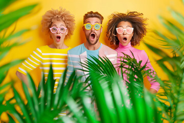 A dynamic quartet of two men and two women express their creativity with joyous surprise, dressed in colorful outfits, amid lush greenery and a bright yellow backdrop