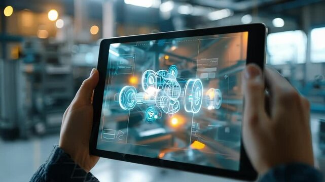 Engineer is holding a tablet showing an augmented reality projection of a motor, visualizing its components and functionality in a modern factory setting