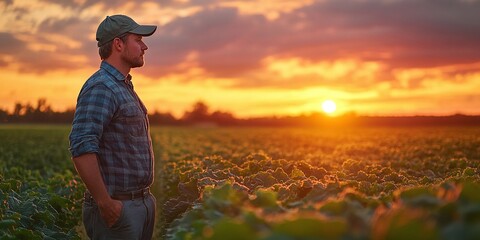 male farmer tending to his crops at sunrise demonstrating a deep connection to nature and commitment to organic produce sustainable farming practices and agricultural product development