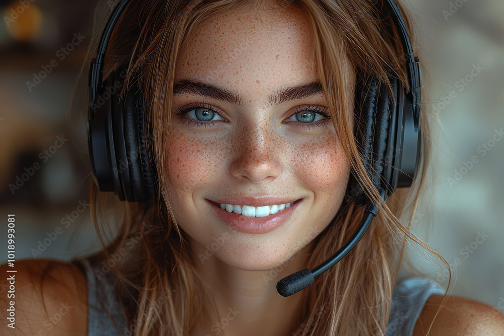 Poster a smiling customer service representative with a headset, showing friendly and helpful support. conc