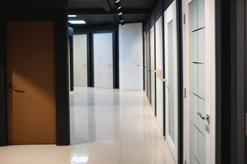 The samples of various wooden doors in the exhibition area of a store