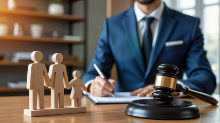 This image depicts a lawyer at work, with wooden family figures and a gavel, symbolizing family law and legal support. Ideal for legal websites, family counseling services, and educational materials