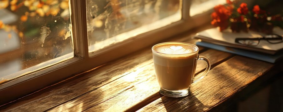 Morning Latte by Sunlit Window: A warm, inviting scene a latte in a glass cup, resting on a wooden table beside a window bathed in morning sunlight.