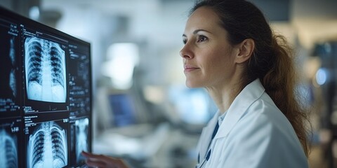 female radiologist in a hospital analyzing X-ray images using a digital screen for diagnostic clues highlighting the role of precision and technology in the radiology department