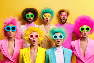 In a lively display of creativity, four dynamic individuals express their artistic flair with bright hair and stylish outfits, radiating enthusiasm and joy in a playful atmosphere