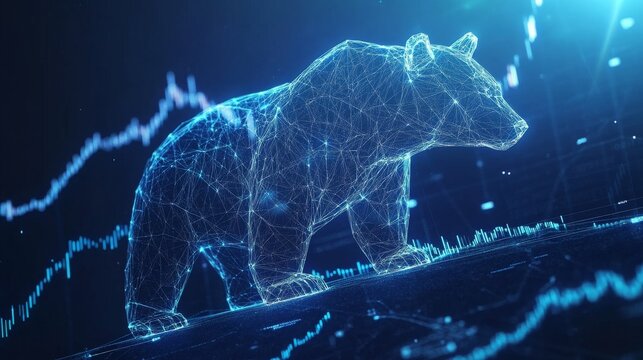 Bear market downtrend with wireframe arrow and stock chart on a blue background. --