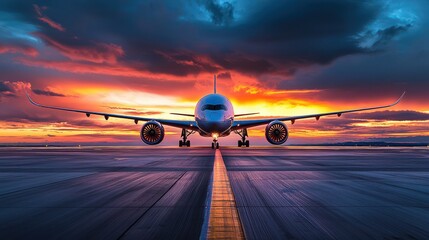 Panoramic view an airplane poised on a runway at sunset, the horizon aglow with the fading light day