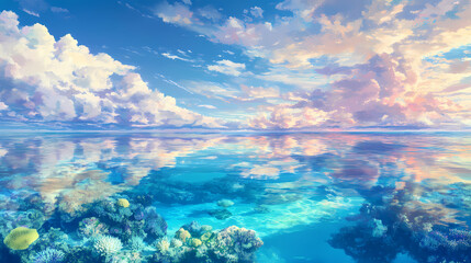 Naklejka premium Breathtaking aerial view of a tranquil coral reef lagoon with crystal clear azure waters reflecting the vibrant cloud filled sky above this serene. Coral Reef Lagoon. Illustration
