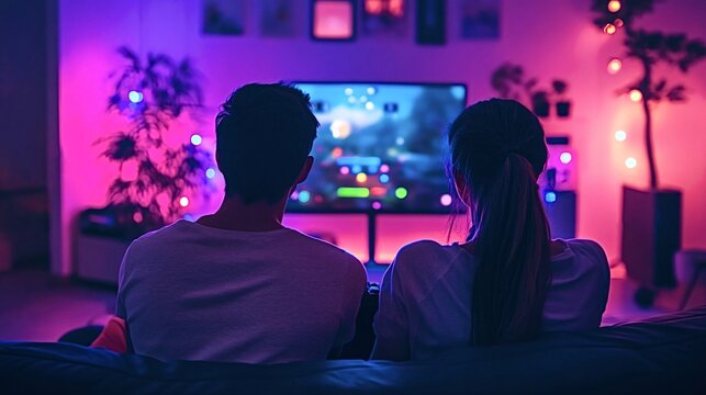 Couple playing video games together on a cozy couch in their living room, surrounded by pink and blue led lights, showcasing love and togetherness in their home