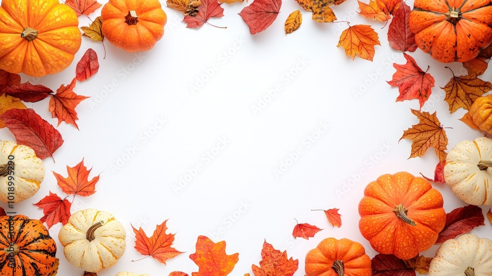 Wall mural pumpkins and autumn leaves come together to create a beautiful frame on a crisp white background. an