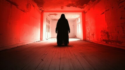 A dark figure in a hooded cloak stands in a dimly lit hallway bathed in eerie red light, creating a suspenseful and haunting atmosphere.