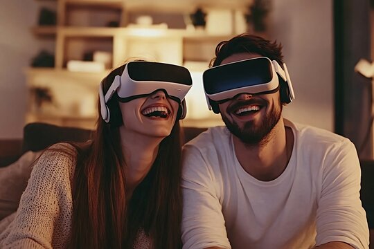 Young couple enjoys virtual reality at home, laughing and having fun with headsets, creating joyful memories in their modern living room