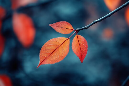 A pair of orange leaves perched on a slender blue branch, set against a lively, contrasting autumnal background.