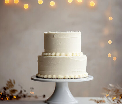 Elegant White Wedding Cake with Festive Bokeh Light, two tier event cake, white frosting for mockup