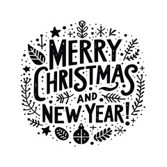 Decorative lettering "Merry Christmas and Happy New Year!" for greeting card on white background